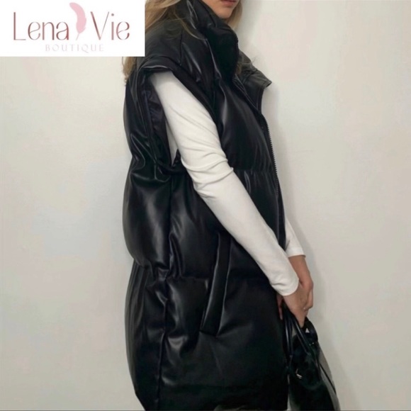 Kimberly All Weather Puffer Vest, Long Stylish Quilted Cap Sleeve Faux Leather - Picture 3 of 5